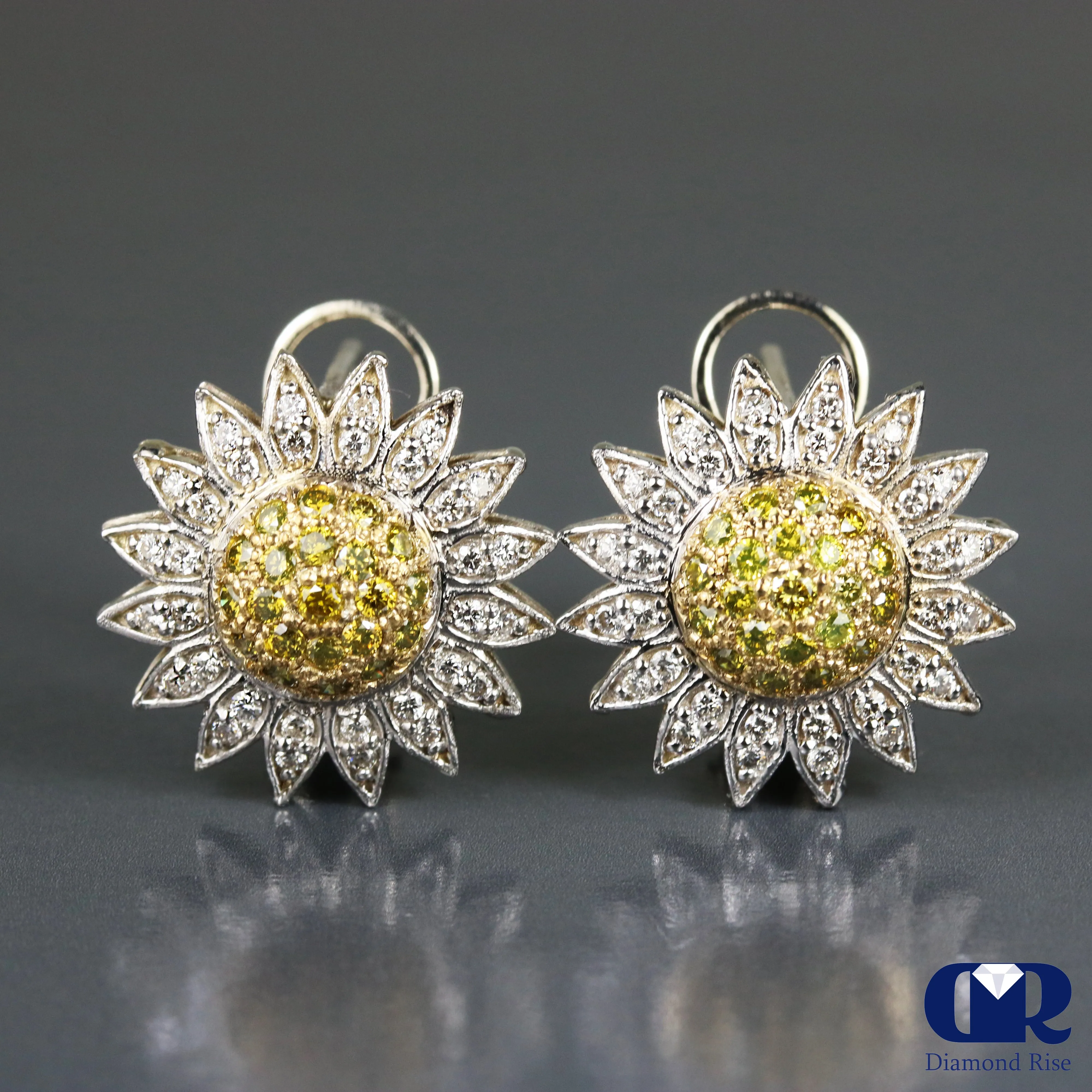 1.30 Carat Diamond Sunflower Earrings 14K White Gold W/Omega Back