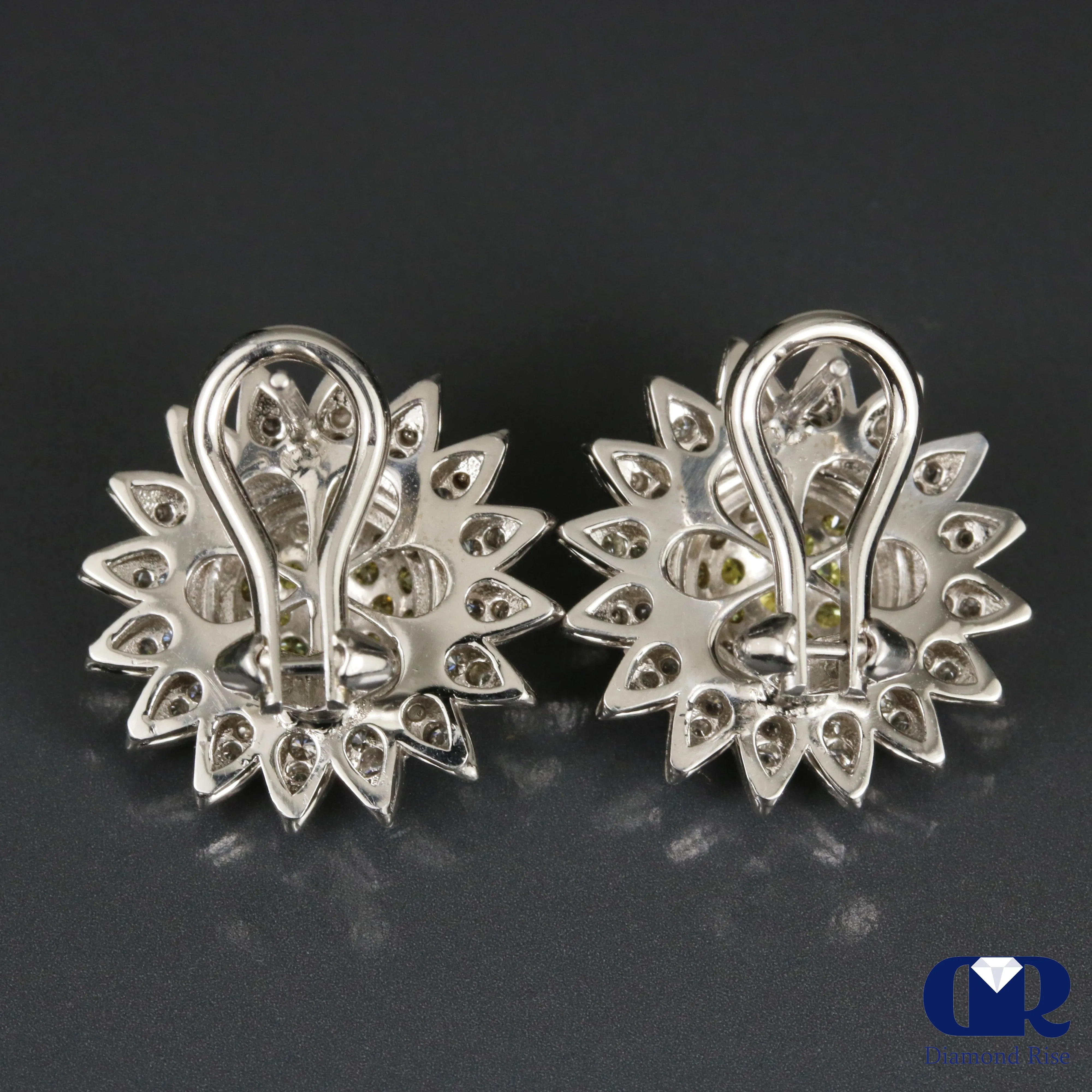 1.30 Carat Diamond Sunflower Earrings 14K White Gold W/Omega Back