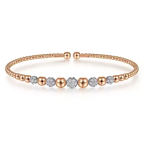 14K Gold Bujukan Bead Cuff Bracelet with 0.35 ct Pavé Diamond Stations, Available in White, Rose and Yellow Gold