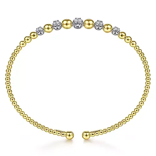 14K Gold Bujukan Bead Cuff Bracelet with 0.35 ct Pavé Diamond Stations, Available in White, Rose and Yellow Gold