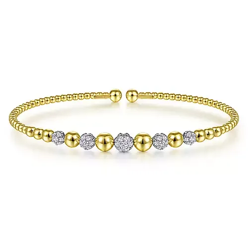 14K Gold Bujukan Bead Cuff Bracelet with 0.35 ct Pavé Diamond Stations, Available in White, Rose and Yellow Gold