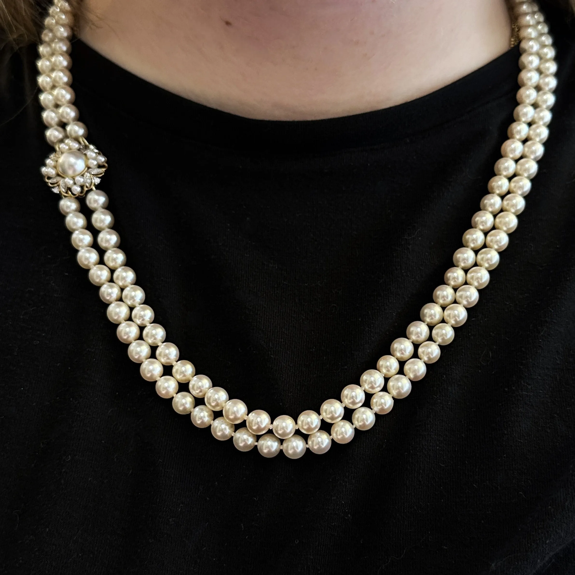 14K Yellow Gold 27" Double Strand Pearl and Diamond Necklace