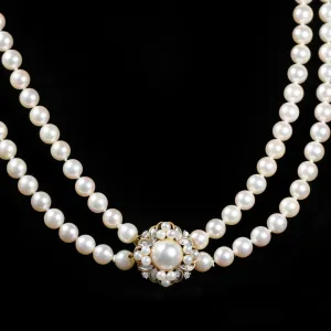 14K Yellow Gold 27" Double Strand Pearl and Diamond Necklace