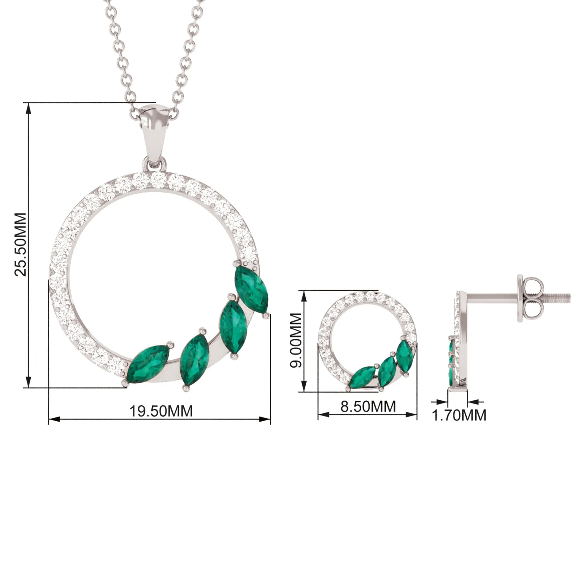 1.75 CT Emerald Leaf and Diamond Eternity Pendant Earrings Set