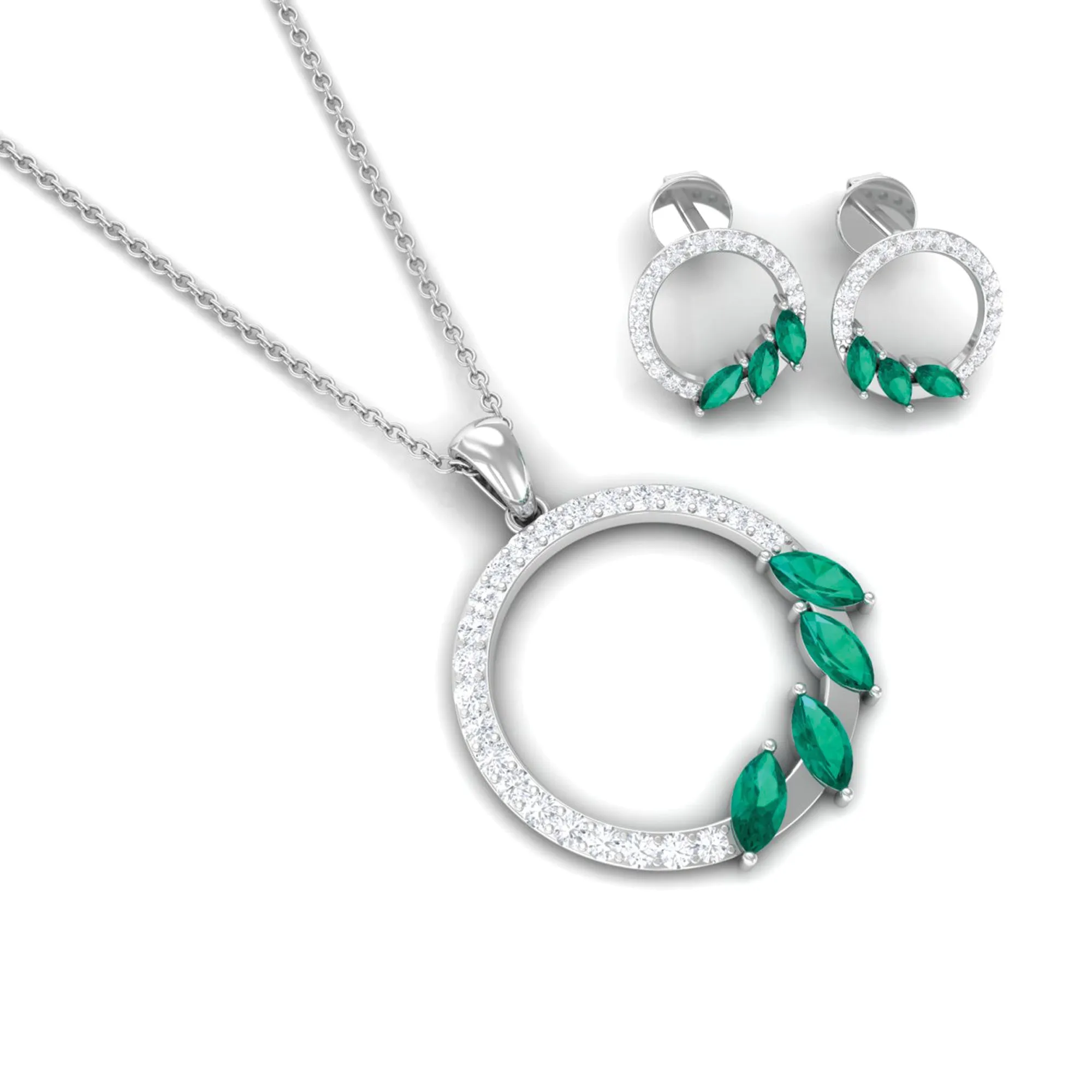 1.75 CT Emerald Leaf and Diamond Eternity Pendant Earrings Set