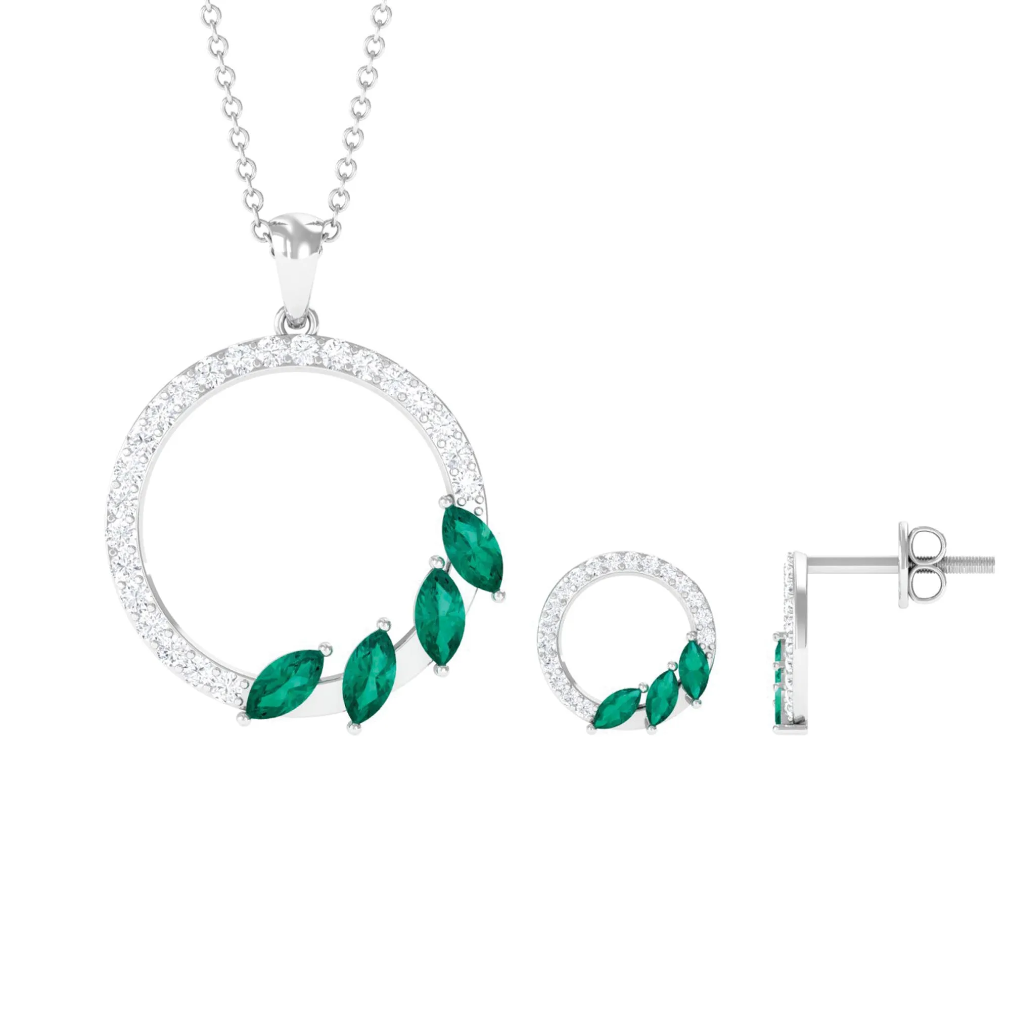 1.75 CT Emerald Leaf and Diamond Eternity Pendant Earrings Set