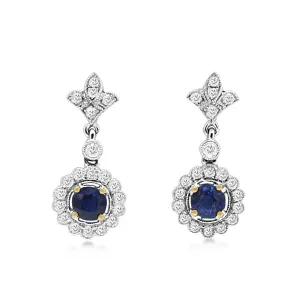 18ct White Gold Diamond & Sapphire Cluster Drop Earrings