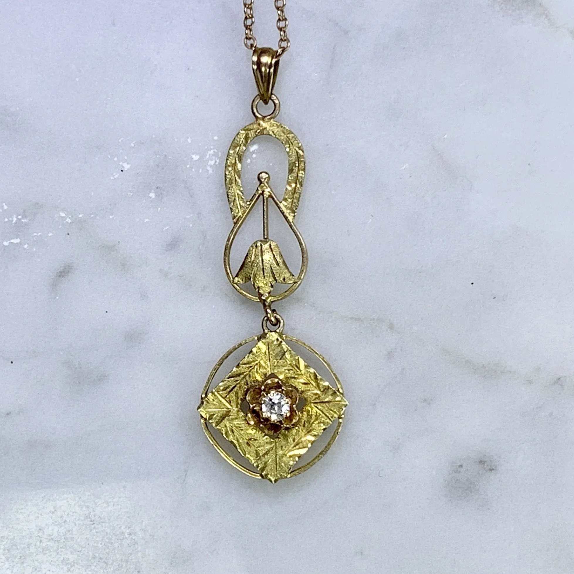 1930s Diamond Pendant in 10K Yellow Gold Filigree. Drop Pendant with Art Nouveau Style.