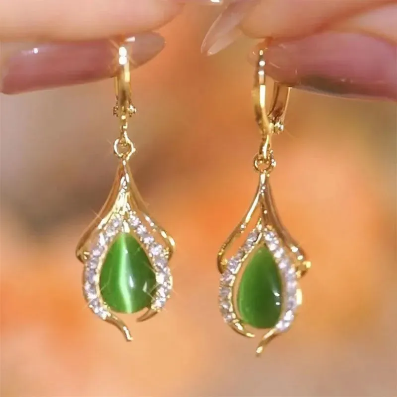 2023 New Fashion Trend Unique Design Elegant Delicate Light Luxury Zircon Green Opal Earrings Women Jewelry Party Premium Gift