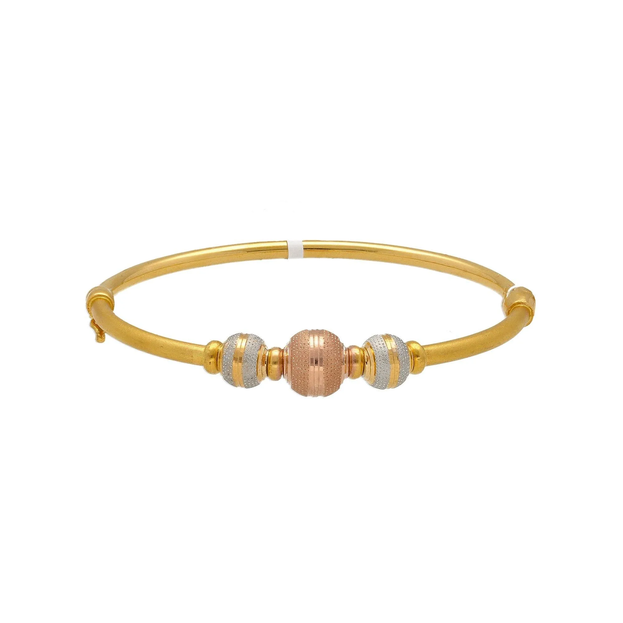 22K Multi Tone Gold Bangle W/ Stripe-Textured Accents Balls