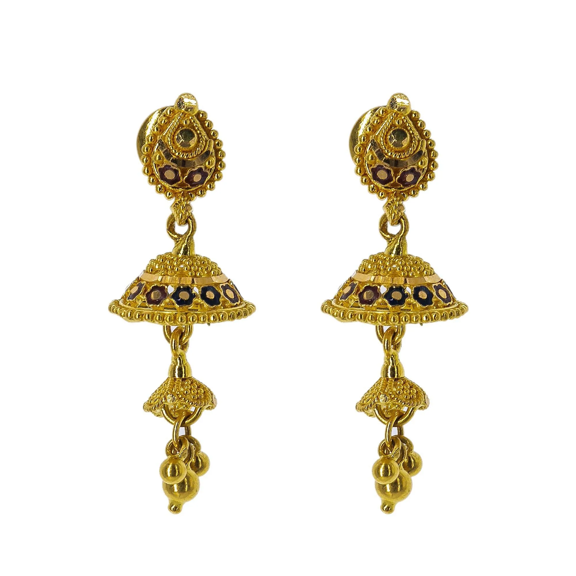 22K Yellow Gold Meenakari Necklace Set W/ Beaded Filigree & Jhumki Earrings