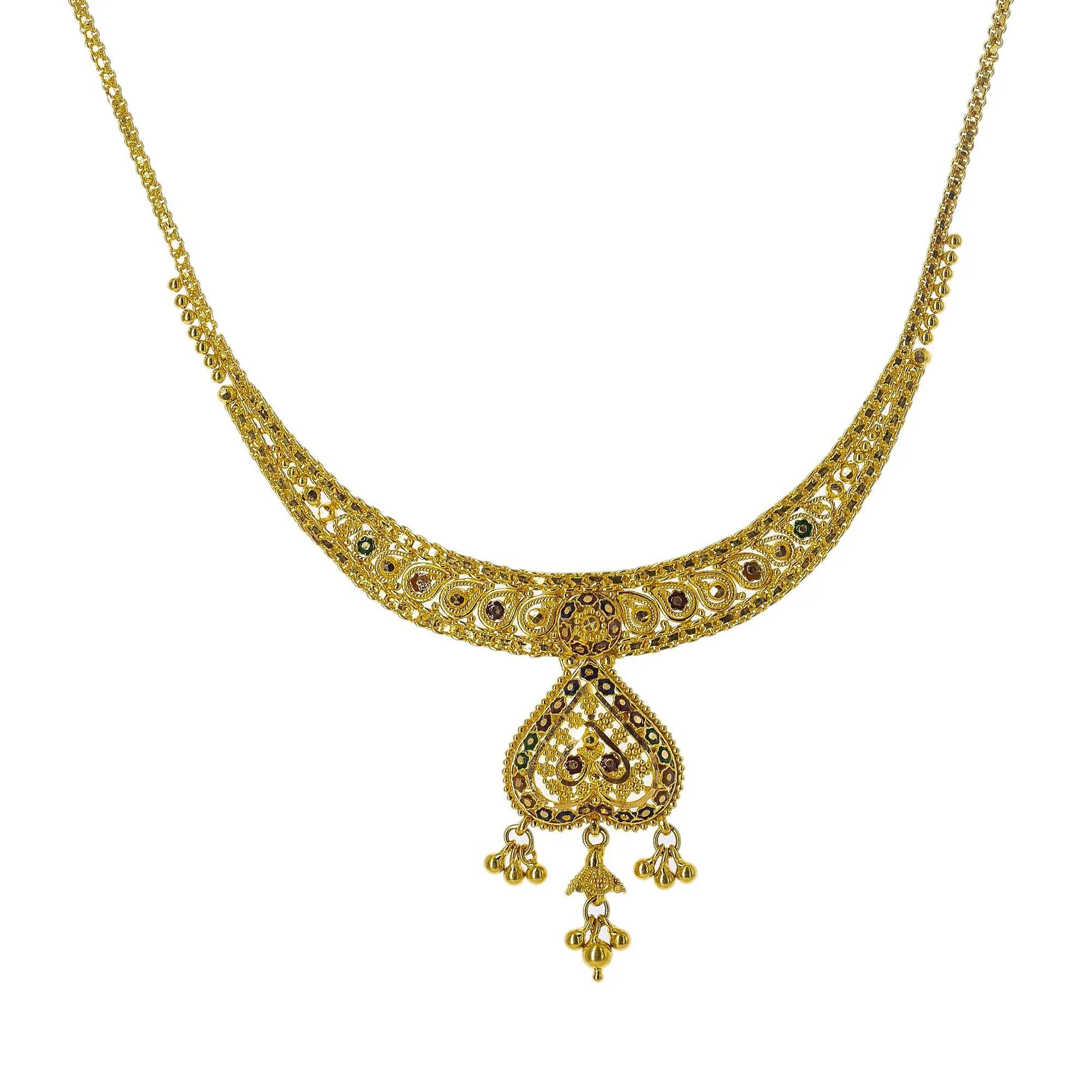 22K Yellow Gold Meenakari Necklace Set W/ Beaded Filigree & Jhumki Earrings