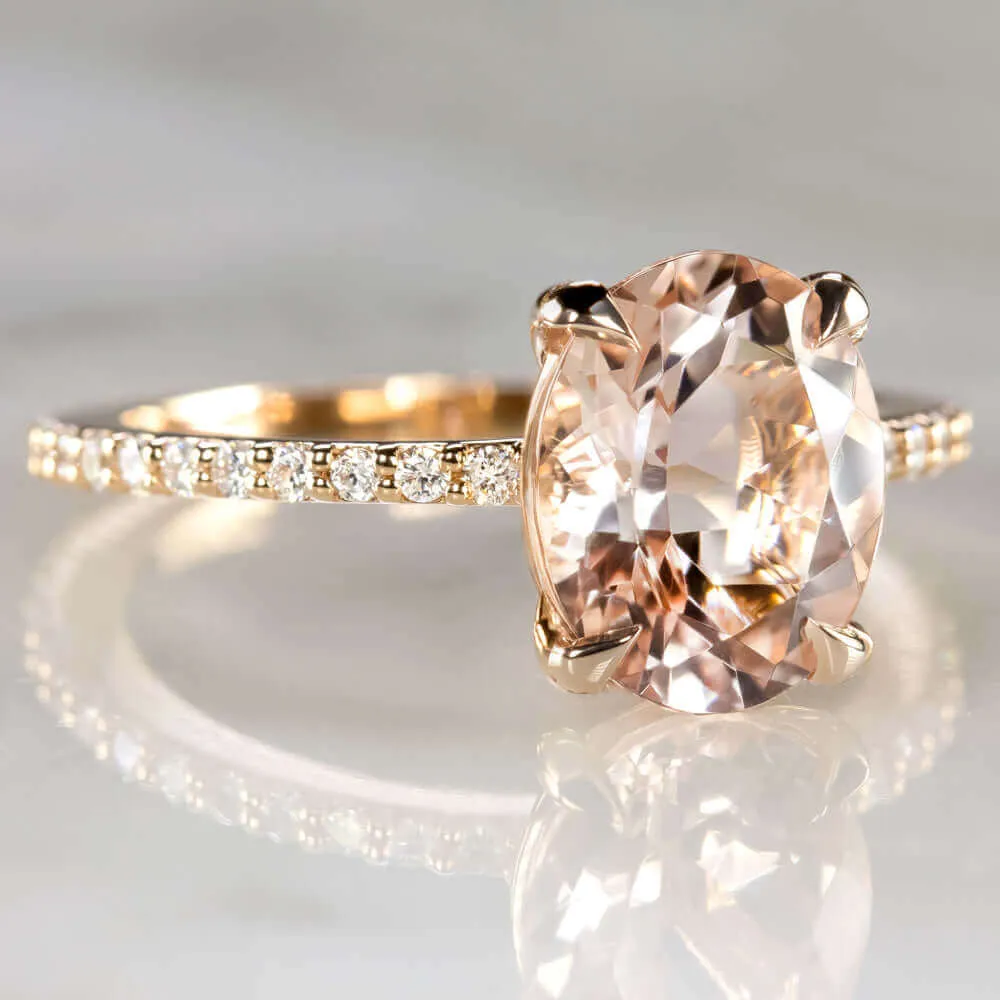 2.3c MORGANITE ENGAGEMENT RING DIAMOND PAVE BAND OVAL CUT ROSE GOLD PINK CLASSIC