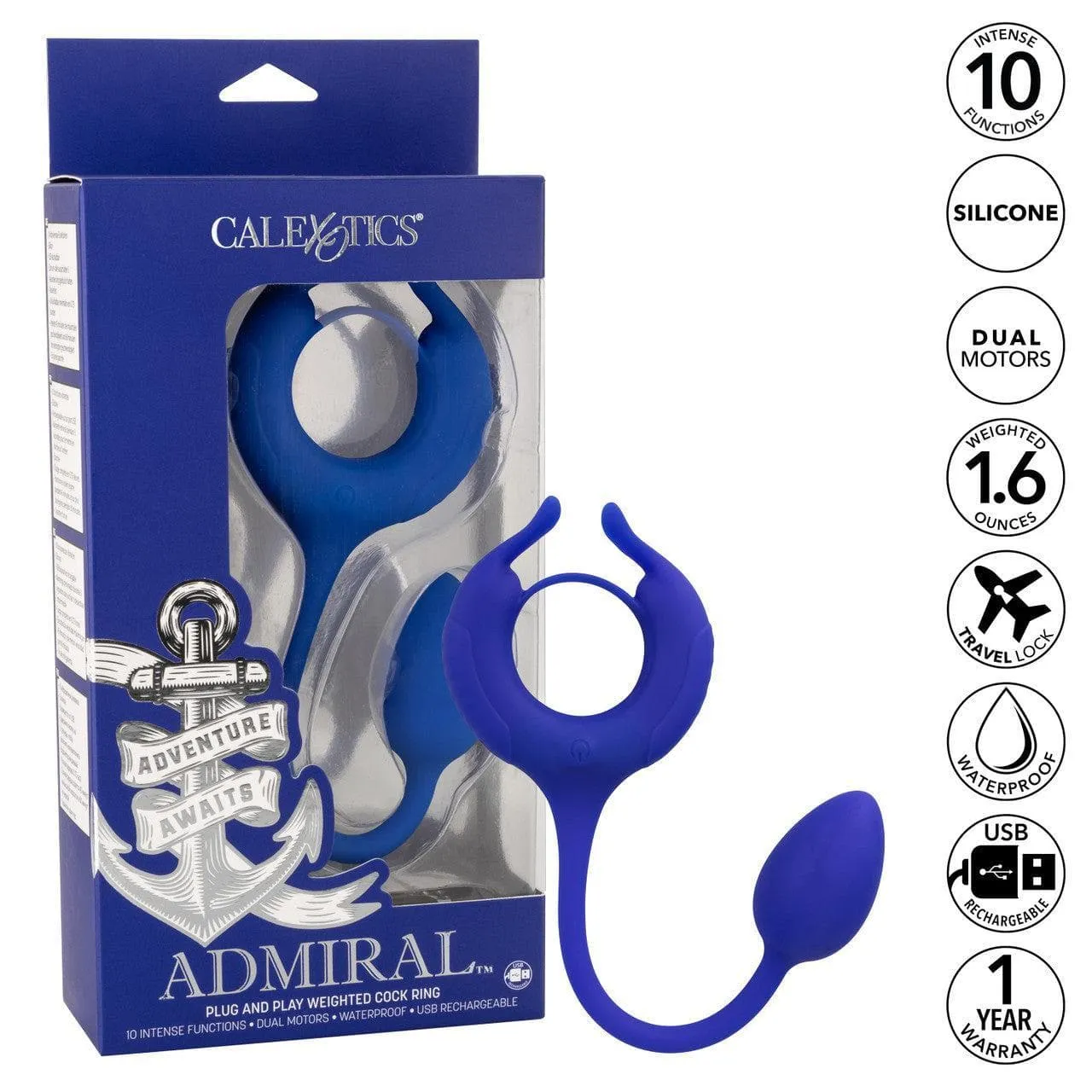 Admiral Plug and Play Weighted Silicone Penis Ring with Anal Plug Blue