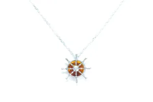 Amber Helm Charm Pendant - Nautical Amber Necklace with Sterling Silver Helm - Exquisite Maritime Jewelry