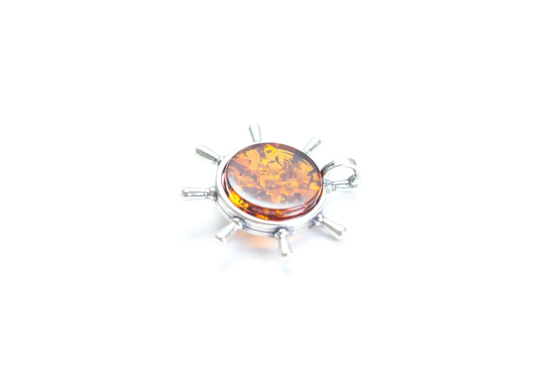 Amber Helm Charm Pendant - Nautical Amber Necklace with Sterling Silver Helm - Exquisite Maritime Jewelry