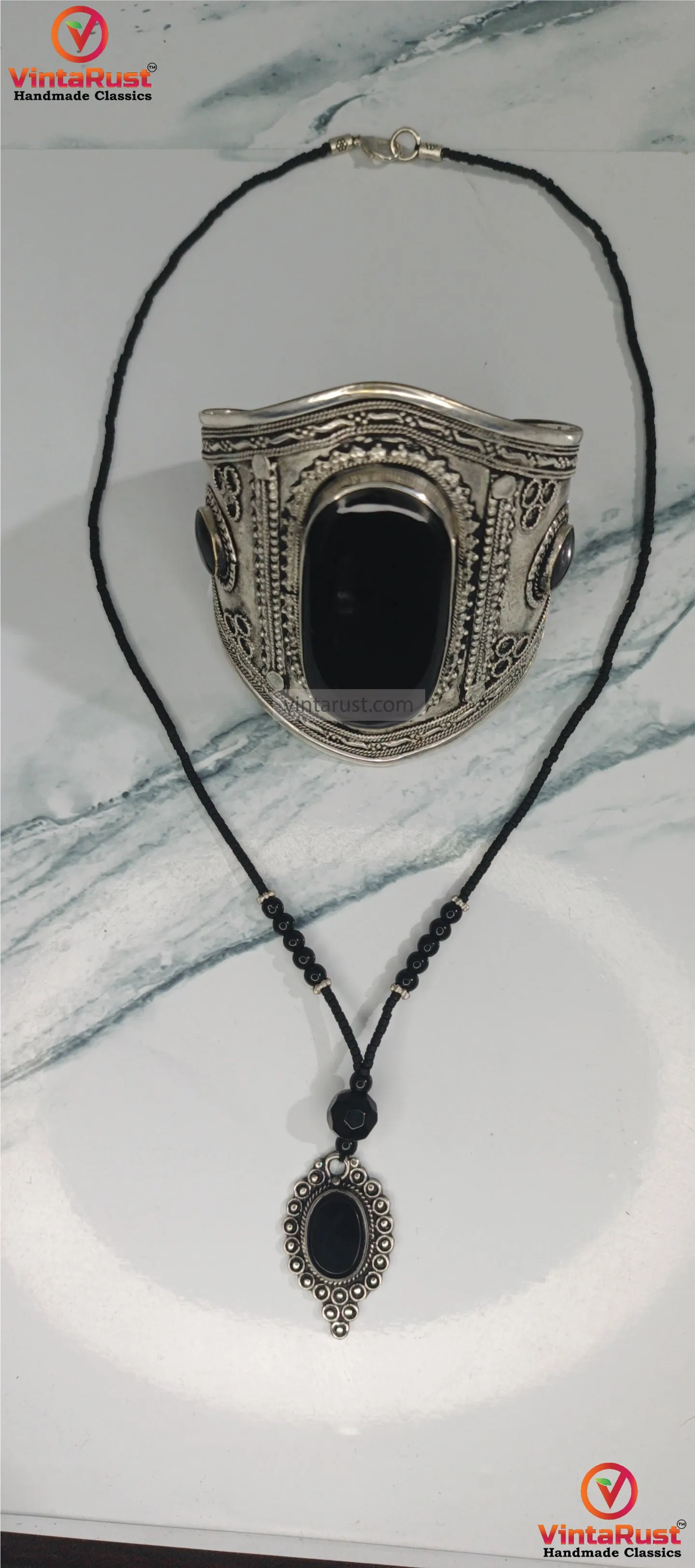 Black Friday Bohemian Black Onyx-Style Pendant Necklace and Cuff