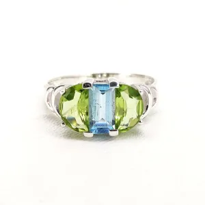 Blue Topaz and Peridot Ring, Baguette Cut Half Moon Ring, December & August Birthstone, Unique Modern Ring, Sterling Silver, Gift For Her