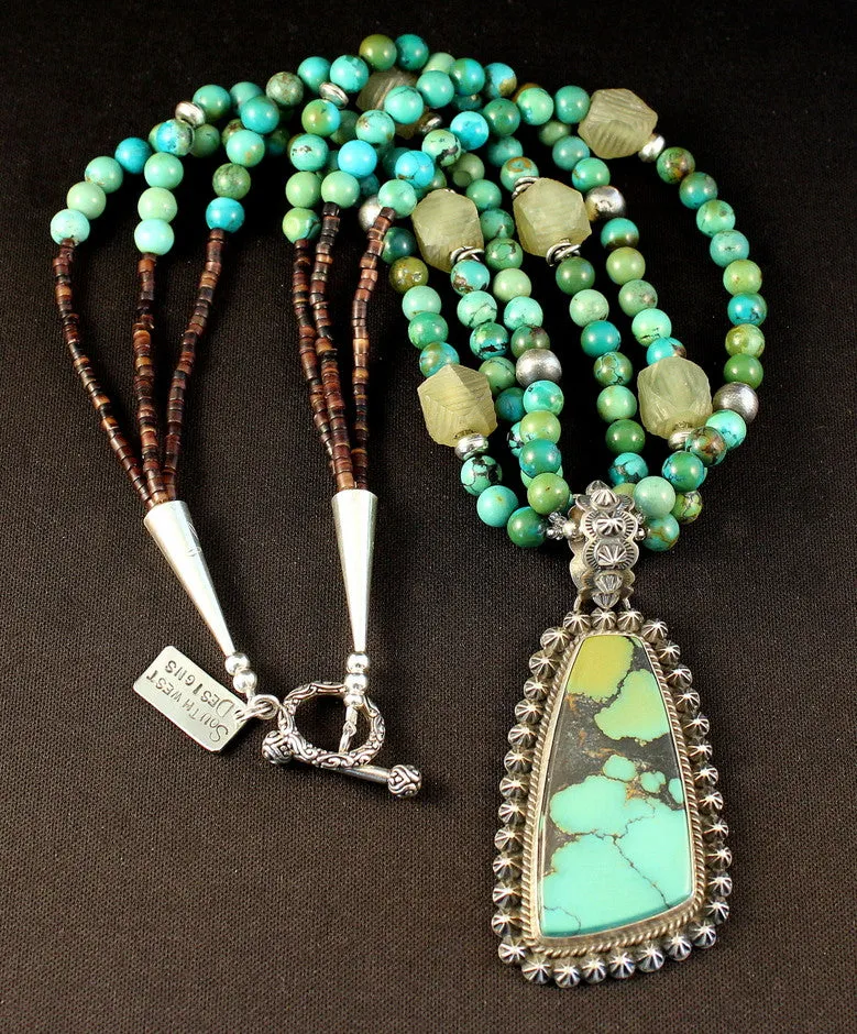 China Mountain Turquoise and Sterling Silver Pendant with 3 Strands of Turquoise, Jade & Sterling