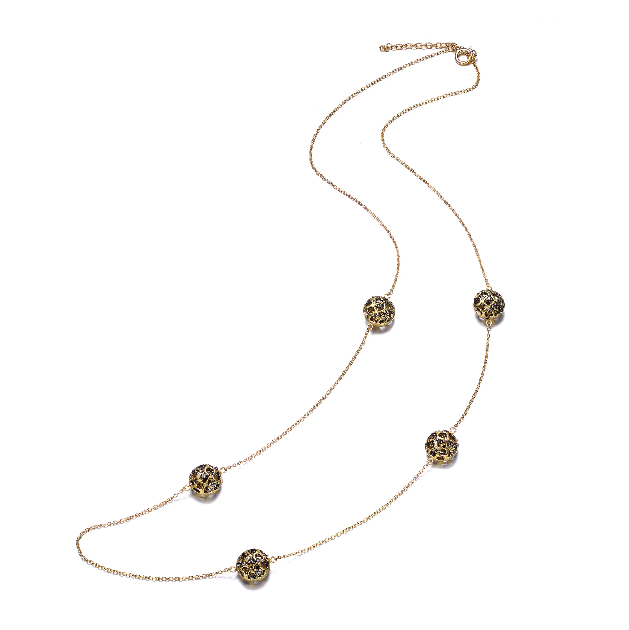 Collette Z Sterling Silver with Gold Plated Clear and Black Round Cubic Zirconia Ball Station Necklace