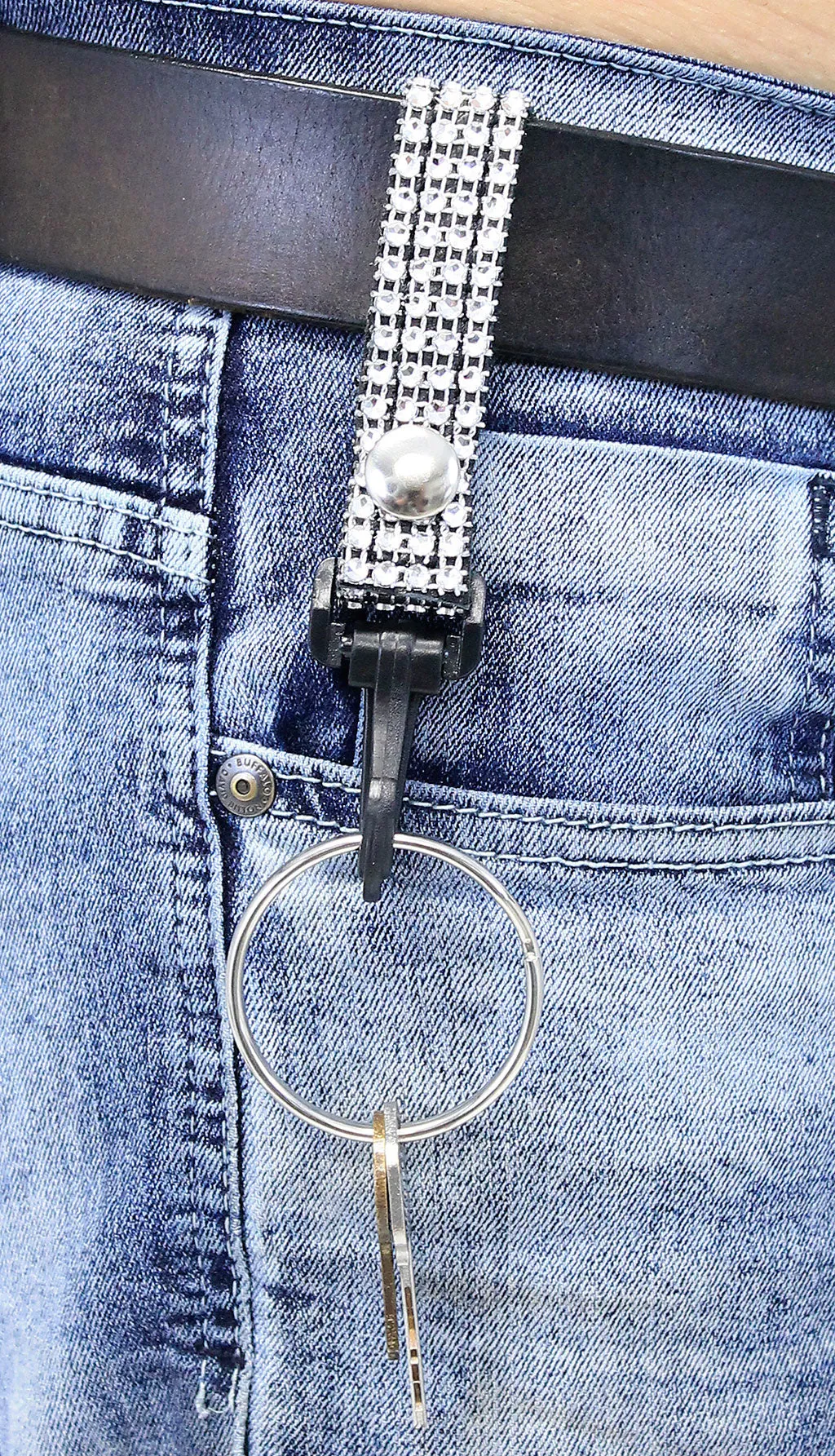 Crystal Leather Belt snap Key Clip w/2" Ring #KC22072CR