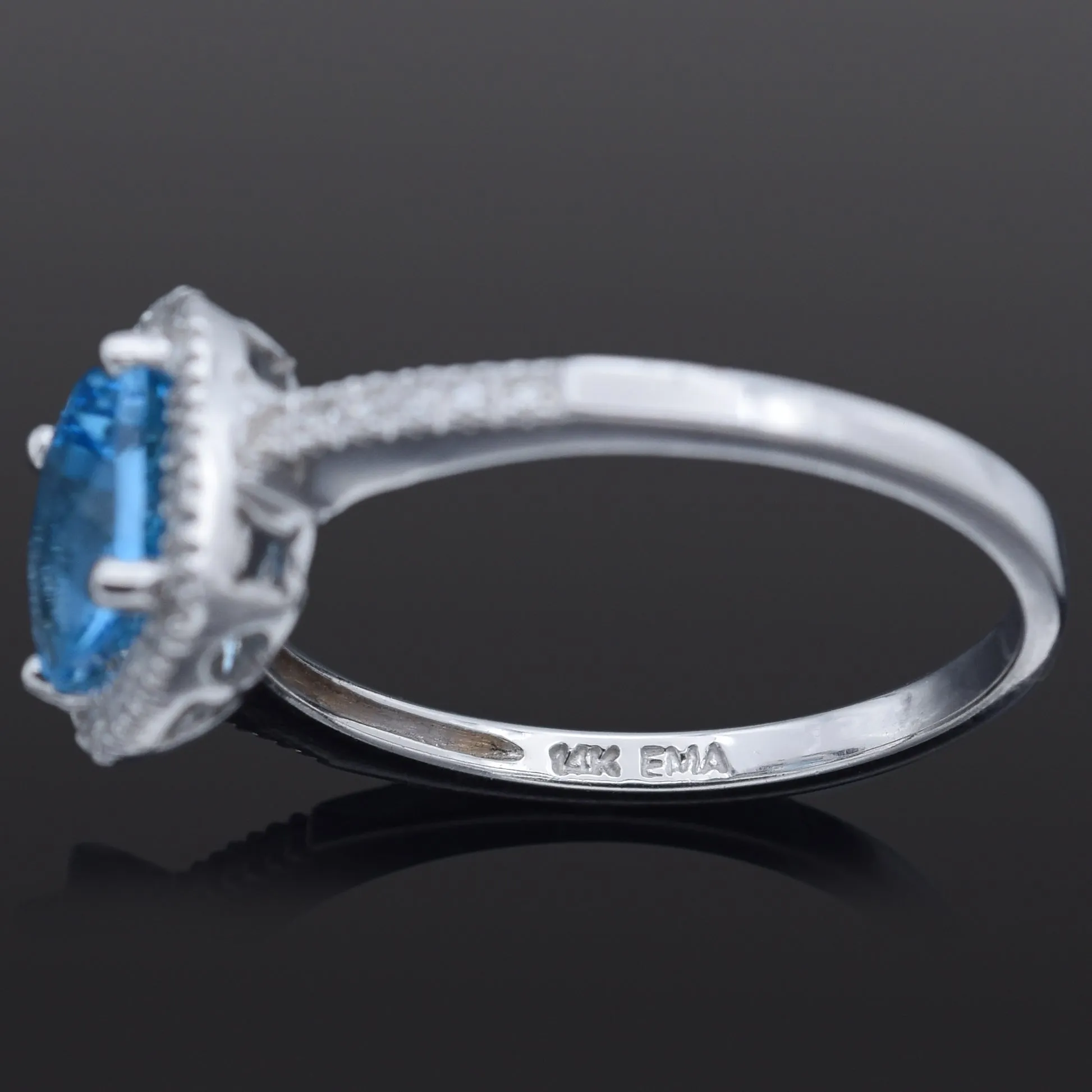 Estate 14K White Gold Cushion Blue Topaz & Diamond Band Ring Size 7