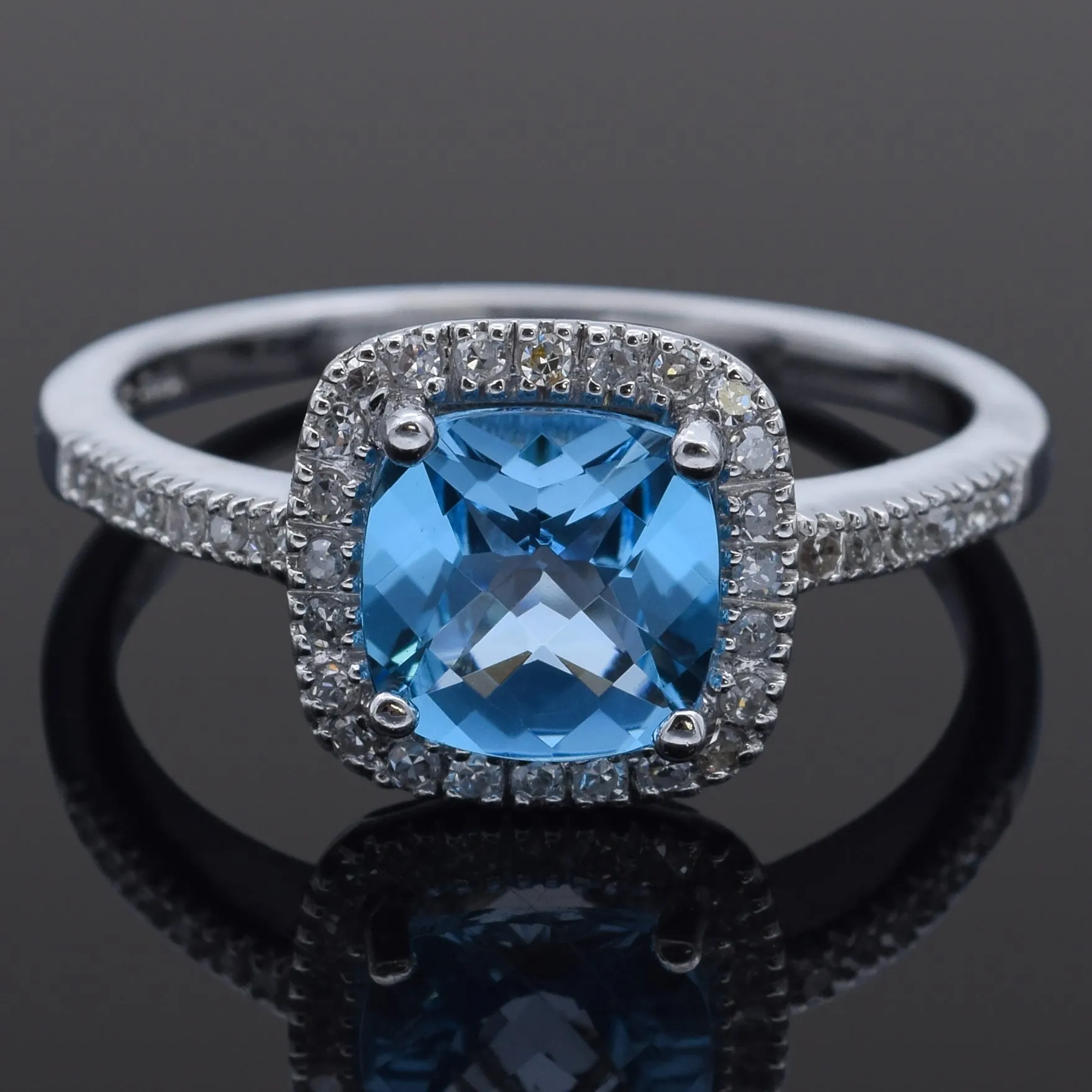 Estate 14K White Gold Cushion Blue Topaz & Diamond Band Ring Size 7