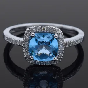 Estate 14K White Gold Cushion Blue Topaz & Diamond Band Ring Size 7