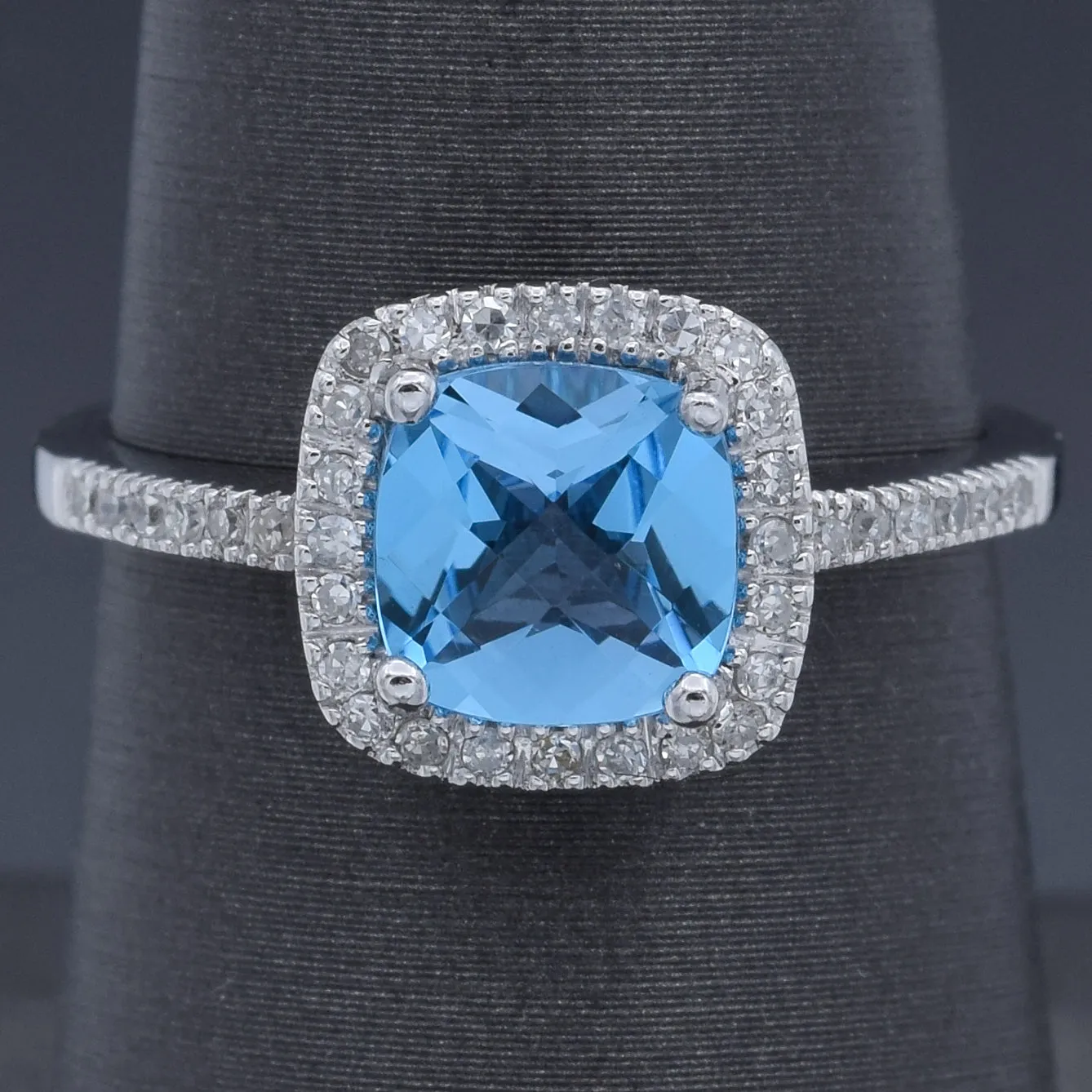 Estate 14K White Gold Cushion Blue Topaz & Diamond Band Ring Size 7