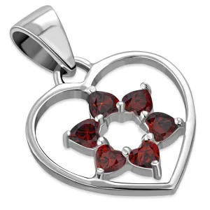 Garnet CZ Heart Star David Silver Pendant