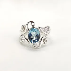 Genuine Swiss Blue Topaz Oval Ring in Sterling Silver, Natural Blue Topaz Ring, March, leaves around ring, all size ring