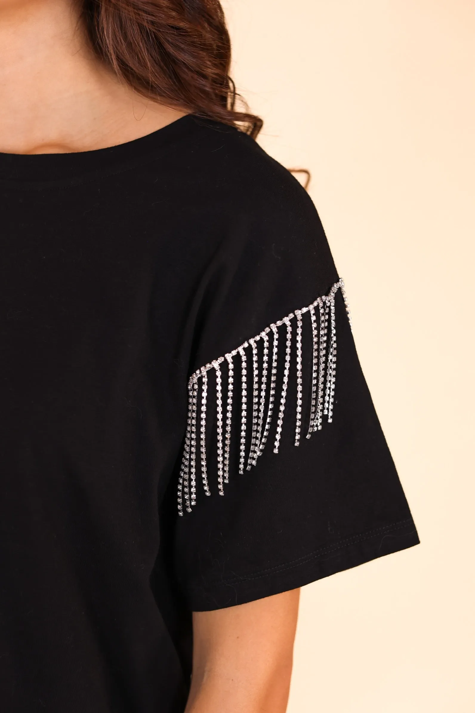 Glitzy Gal Black Tee With Rhinestone Fringe