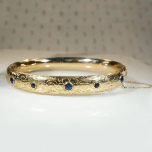 Gorgeous Engraved Gold & Sapphire Art Nouveau Bangle