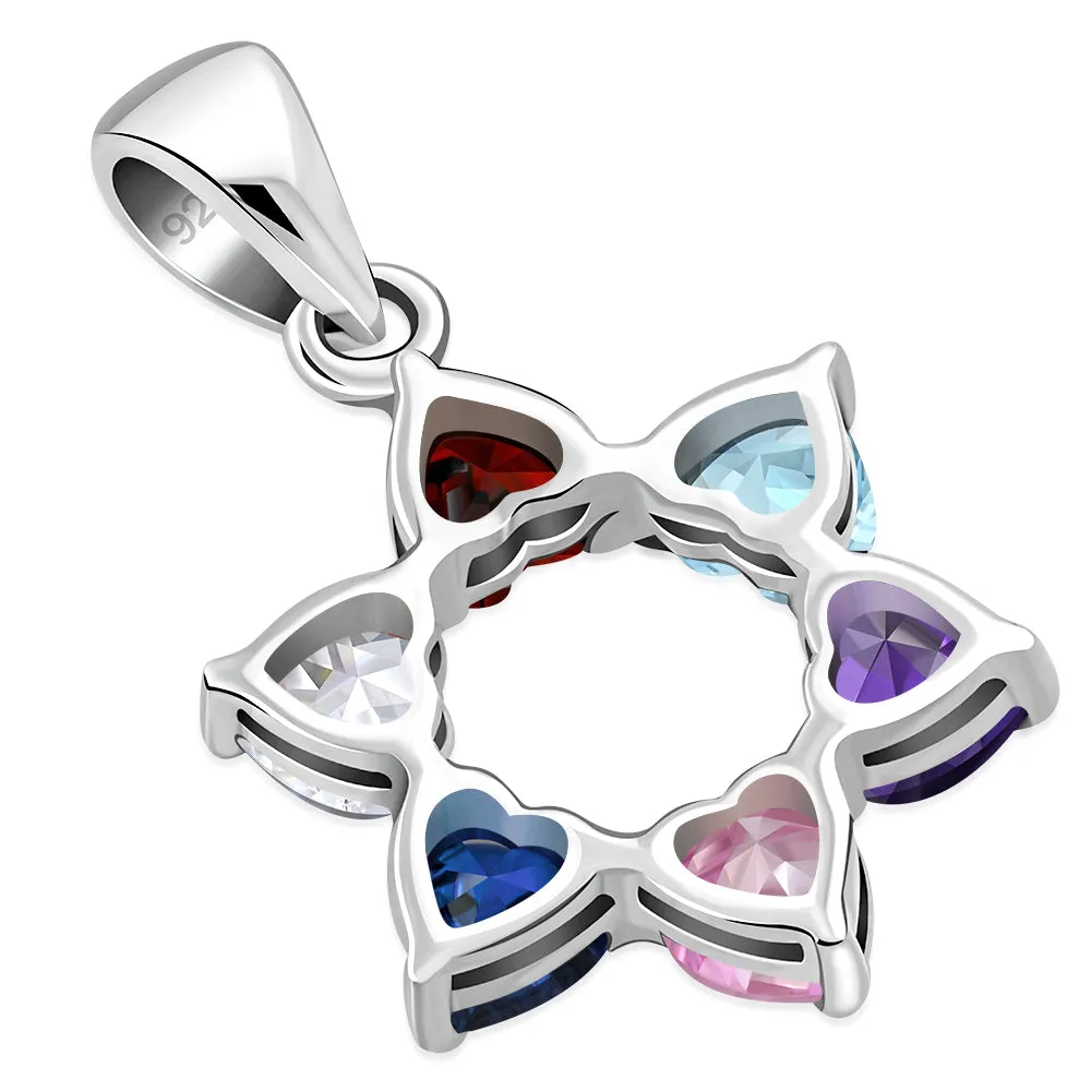 Heart Shape Mix Color CZ Star David Silver Pendant