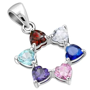 Heart Shape Mix Color CZ Star David Silver Pendant