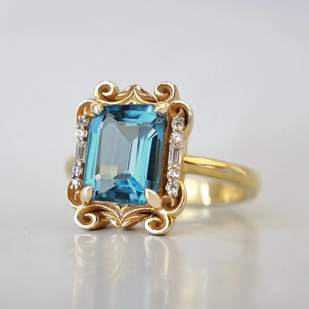 Isis London Blue Topaz Scroll Diamond Ring in 14K and 18K Gold