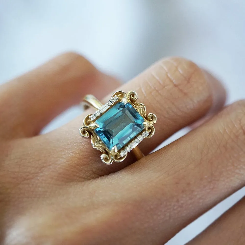 Isis London Blue Topaz Scroll Diamond Ring in 14K and 18K Gold