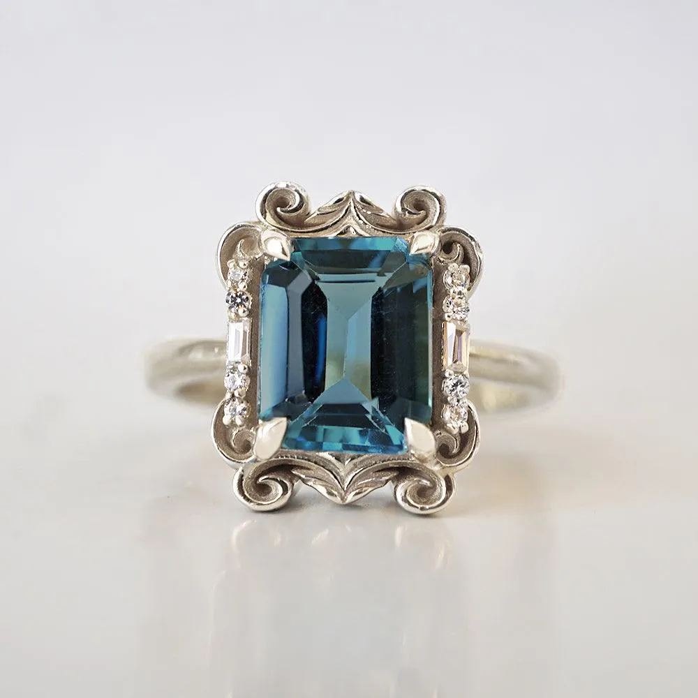 Isis London Blue Topaz Scroll Diamond Ring in 14K and 18K Gold