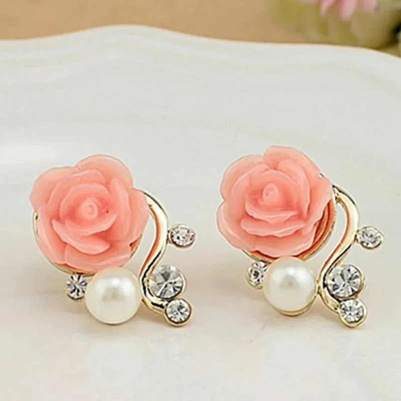 Korean Fashion Rose Flower Resin Rose Earrings New Korean Women's Imitation Pearl Crystal Earrings wholesale Women's Jewelry