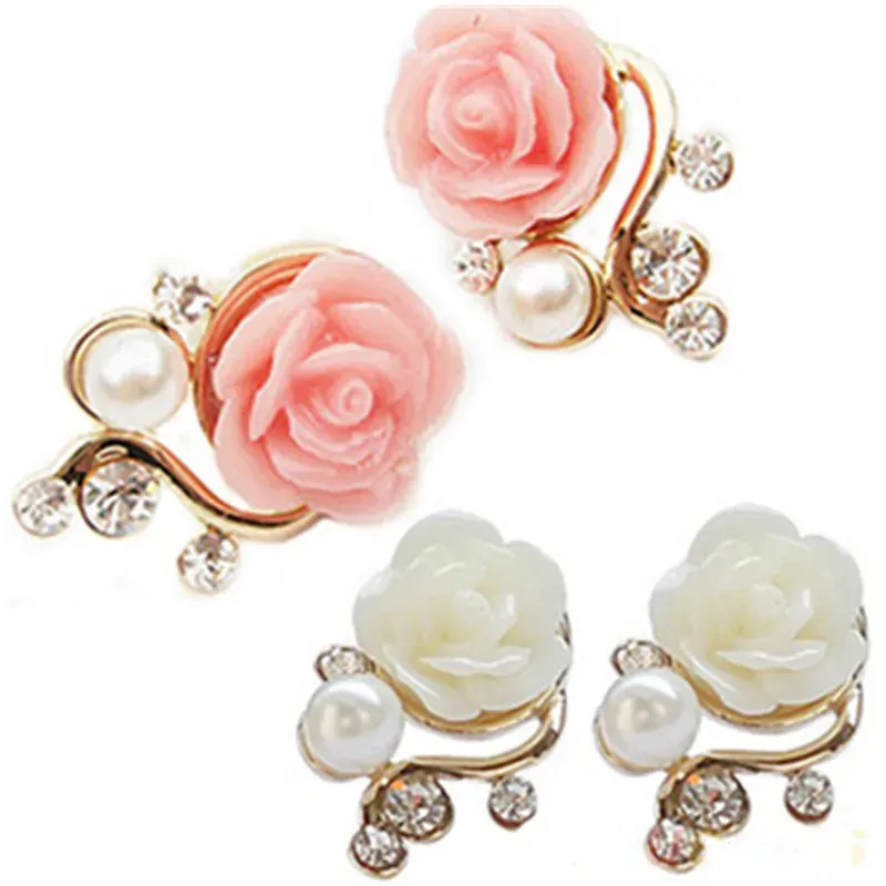 Korean Fashion Rose Flower Resin Rose Earrings New Korean Women's Imitation Pearl Crystal Earrings wholesale Women's Jewelry