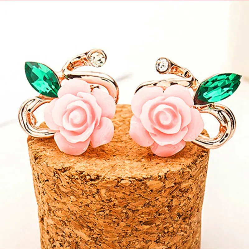 Korean Fashion Rose Flower Resin Rose Earrings New Korean Women's Imitation Pearl Crystal Earrings wholesale Women's Jewelry