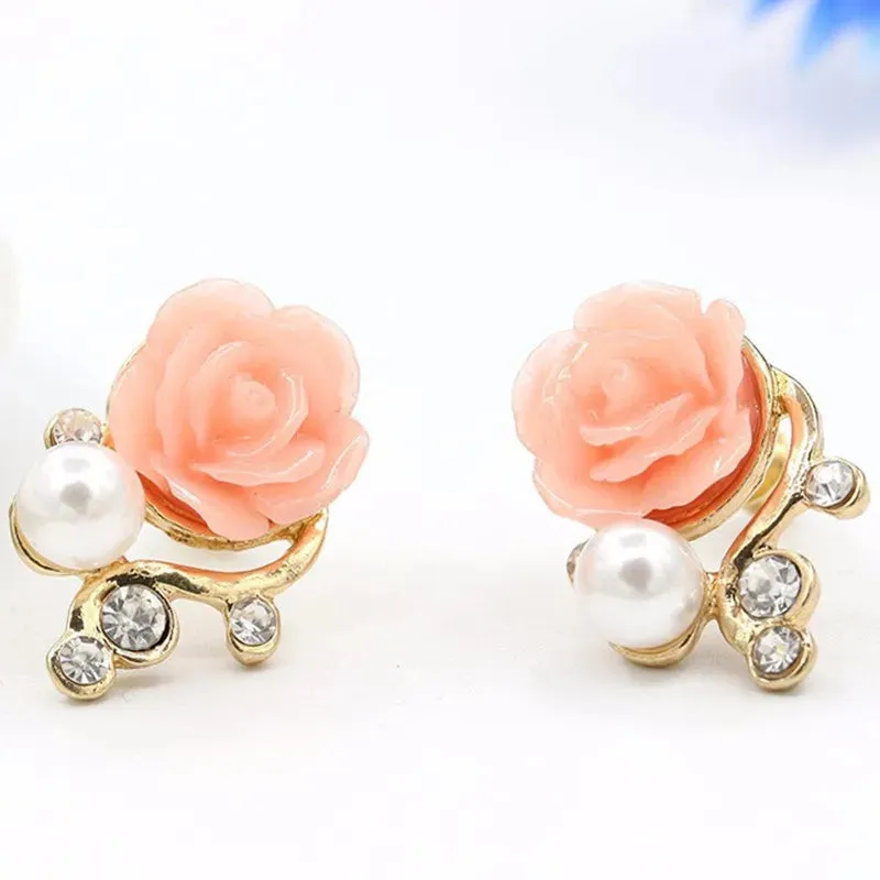 Korean Fashion Rose Flower Resin Rose Earrings New Korean Women's Imitation Pearl Crystal Earrings wholesale Women's Jewelry