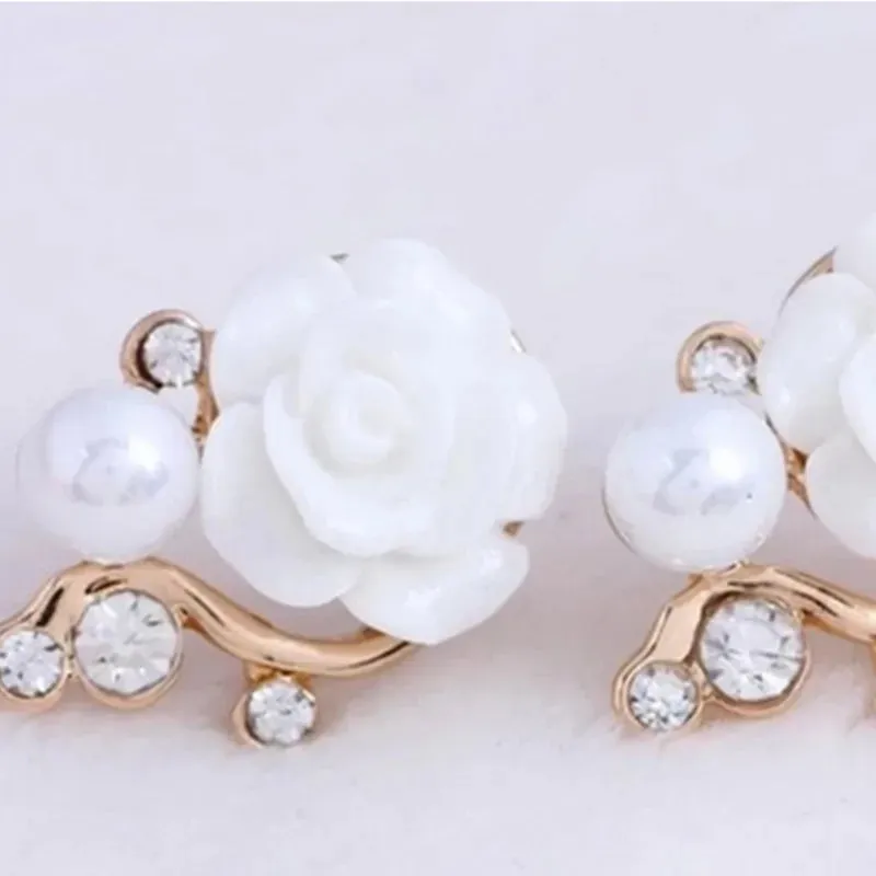 Korean Fashion Rose Flower Resin Rose Earrings New Korean Women's Imitation Pearl Crystal Earrings wholesale Women's Jewelry