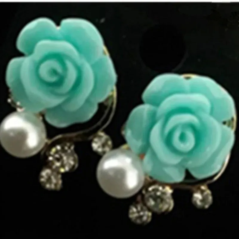 Korean Fashion Rose Flower Resin Rose Earrings New Korean Women's Imitation Pearl Crystal Earrings wholesale Women's Jewelry