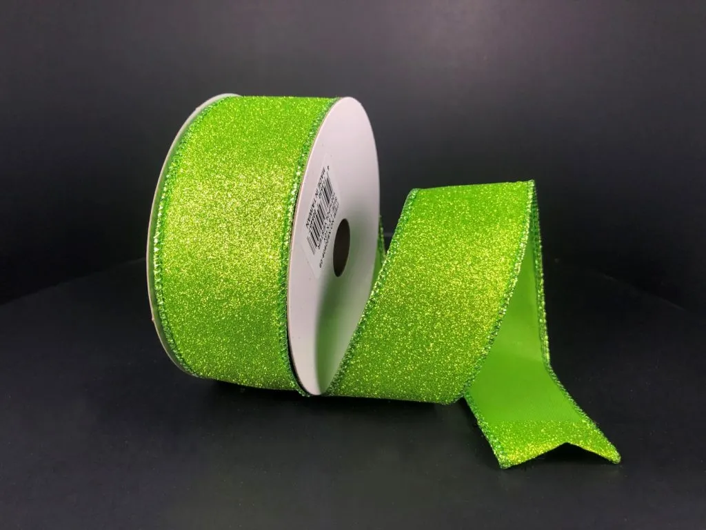 Lime All Flat Glitter Wired Ribbon - 1.5" x 10yds