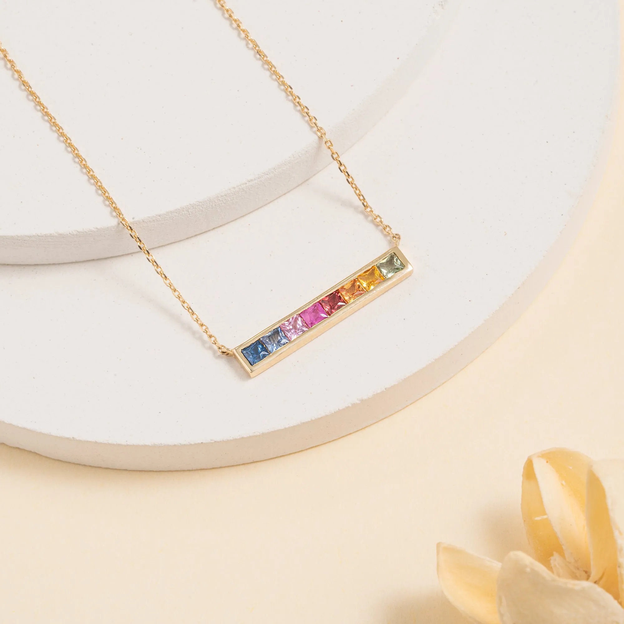 Long Rainbow Sapphire Bar Necklace, Kira