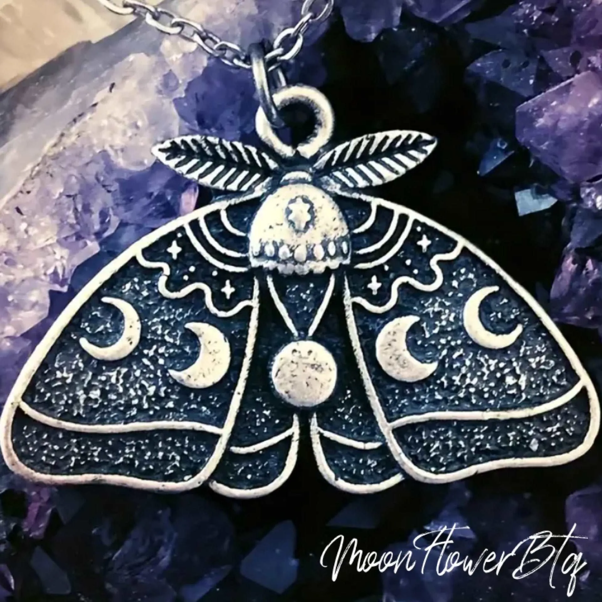 Moon Phase Moth Butterfly Pendant Necklace