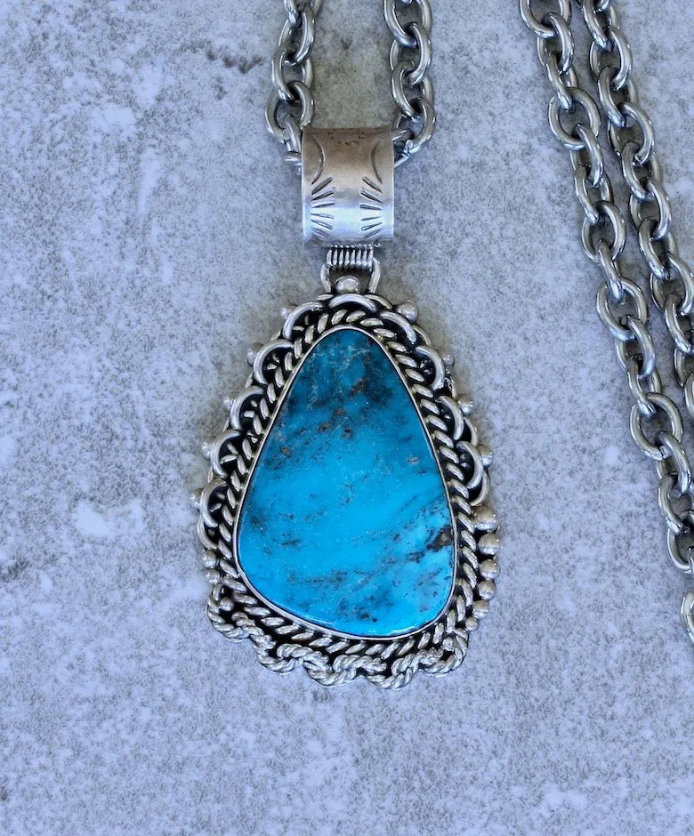 Native American Kingman Turquoise and Sterling Silver Teardrop-Shaped Pendant with a 23-1/2-inch Silver Link Chain