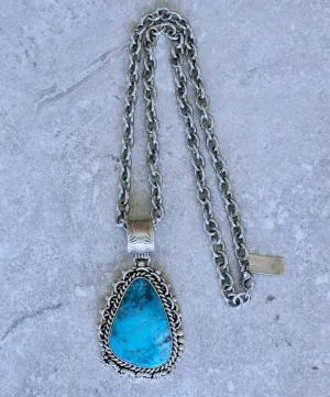 Native American Kingman Turquoise and Sterling Silver Teardrop-Shaped Pendant with a 23-1/2-inch Silver Link Chain