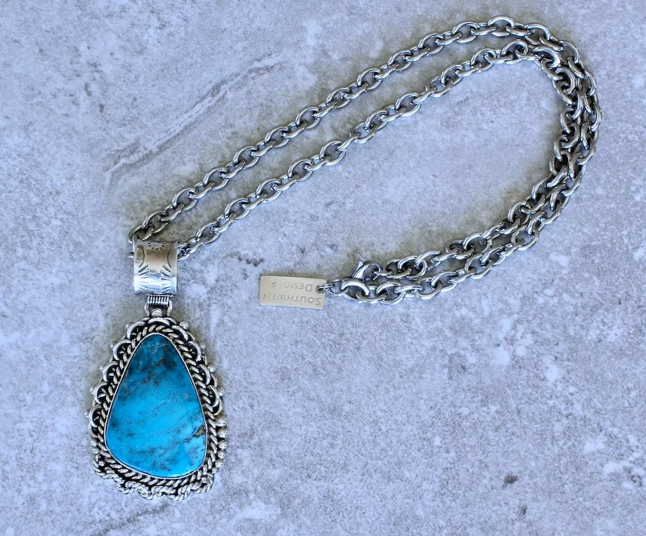 Native American Kingman Turquoise and Sterling Silver Teardrop-Shaped Pendant with a 23-1/2-inch Silver Link Chain